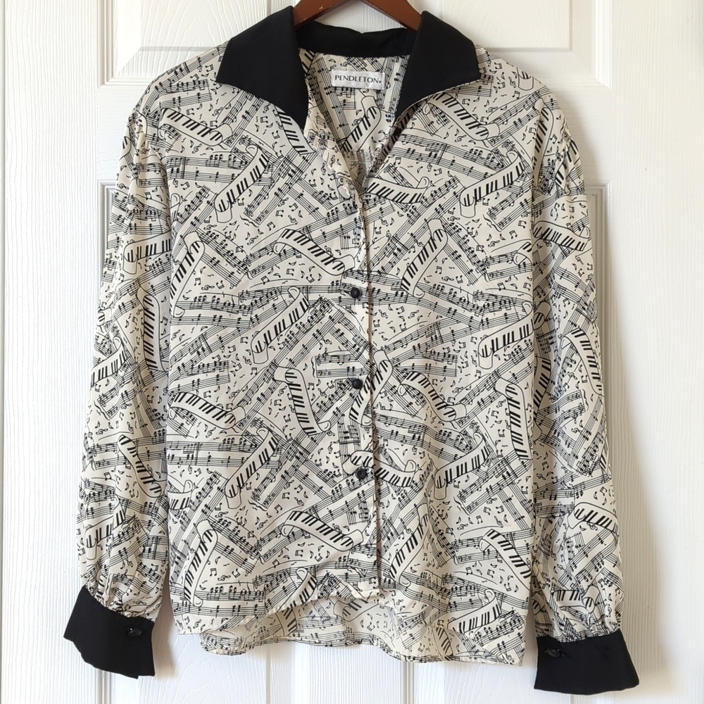 Pendleton 90's Vintage Silky Sheet Music Print Button Down Blouse Cream Black 4